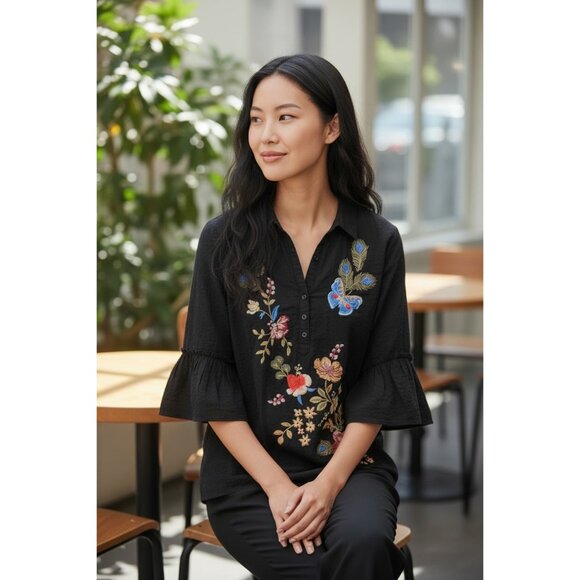 Johnny Was Ruffle Sleeve Henley Silk Tunic Embroidered Black Florrie Size S $255 - Picture 2 of 9